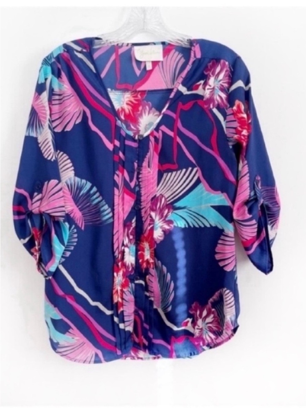 Yumi Kim shirt blue pink tropical palm leaves pleated roll sleeves